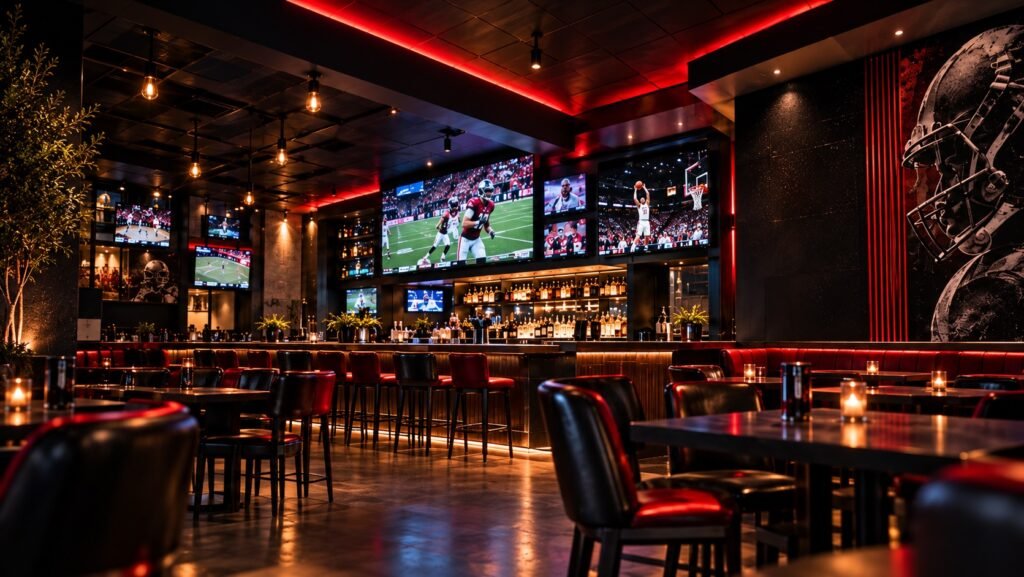 Locker Room Interior with TVs and Bar