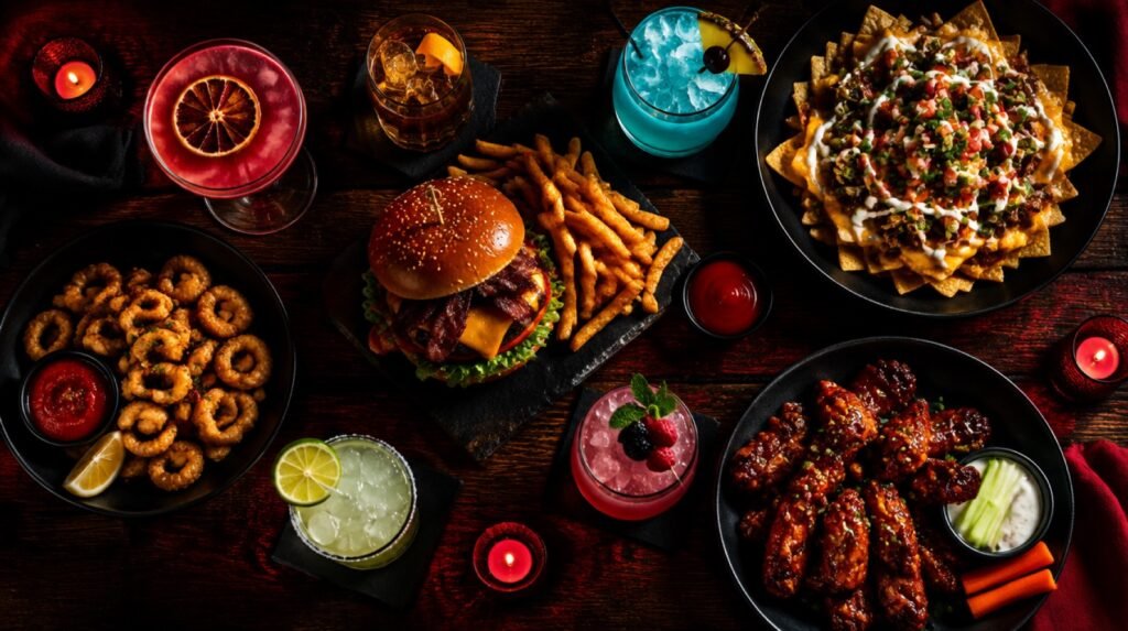 Spread of signature dishes and cocktails