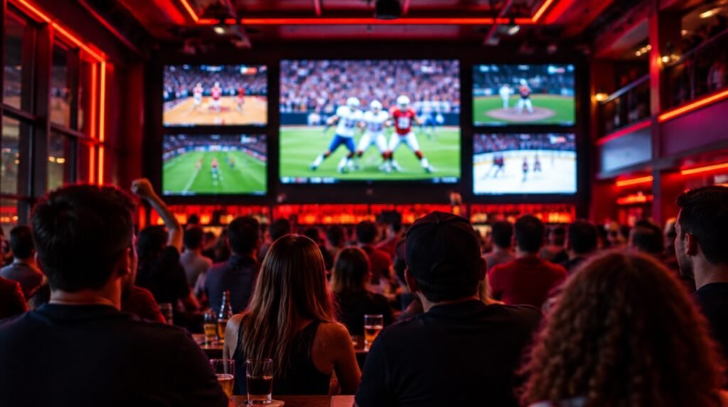 Wall of HD screens with crowd